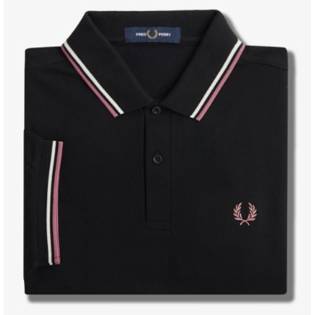 Polo Fred Perry M3600 Slim Fit noir bandes blanche et rose